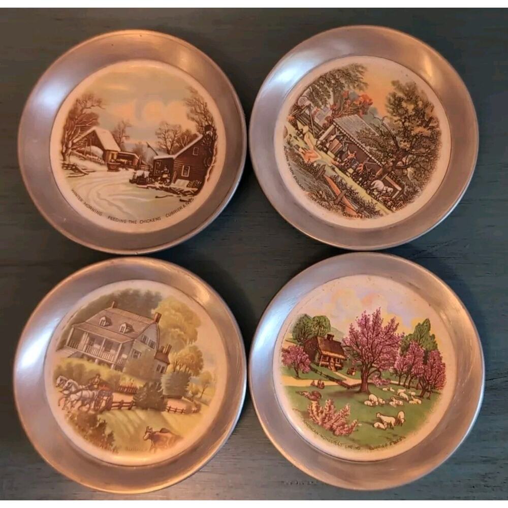Set 4 Kent Pewter Vintage Coasters 4.5" Stackable Back Imprint JE55